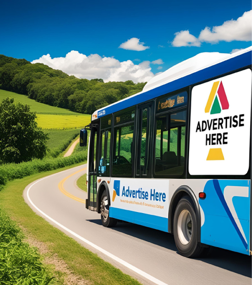 Bus driving down the road with the words "Advertise Here" on it